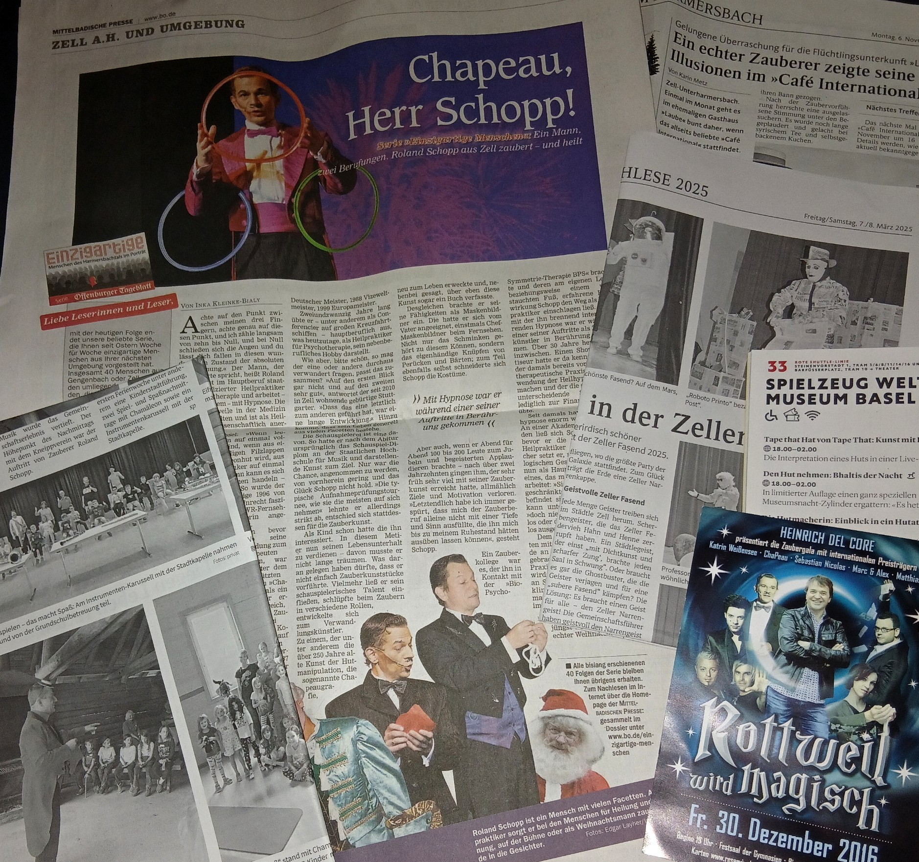 Collage echter Presseberichte über ChaPeau® – Roland Schopp